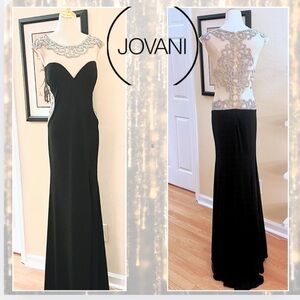 VTG Jovani, Exquisite Black & Rhinestone Illusion Mesh Evening Gown EUC Size 12